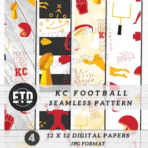 Könnte beinhalten: Vier digitale Papiere mit einem nahtlosen Muster aus Fußball-Grafiken. Die Muster beinhalten einen Footballhelm, einen Football, eine Trophäe, ein Torpfosten und die Buchstaben "KC". Die Muster sind in Rot, Gelb, Schwarz und Weiß.