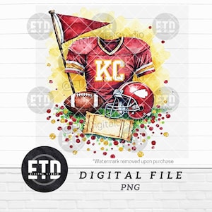 Op de afbeelding: Waterverfillustratie van voetbaluitrusting, inclusief een rood shirt met "KC", een helm en een voetbal. Een vlag en een digitaal bestandlabel zijn ook aanwezig. De tekst "DIGITAL FILE PNG" staat onderaan.