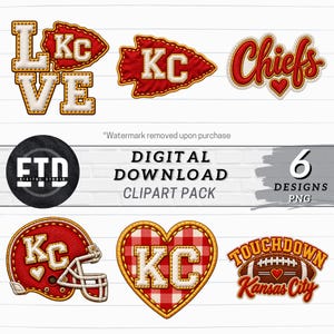 Puede incluir: Un paquete de imágenes prediseñadas digitales con seis diseños temáticos de fútbol de Kansas City. Los elementos incluyen un logotipo LOVE con punta de flecha, una punta de flecha KC, un guion Chiefs, un casco, un corazón vichy y un balón.