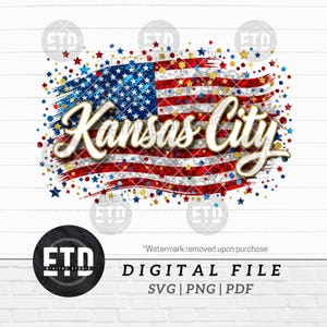May include: A digital design featuring the American flag with the text "Kansas City". The design includes red, white, and blue stars and confetti. Ideal for patriotic themes and digital projects.