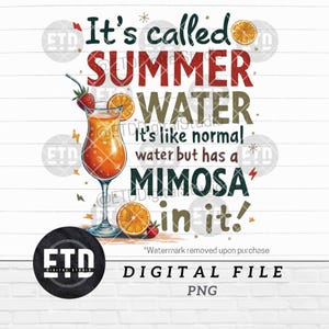 May include: Digital graphic design featuring a mimosa cocktail in a tall glass, garnished with an orange slice and strawberry. Text reads "It's called SUMMER WATER, It's like normal water but has a MIMOSA in it!" on a white background.