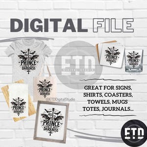 Puede incluir: Una colecci&oacute;n de productos de archivos digitales con un dise&ntilde;o g&oacute;tico y el texto "All Hail the Prince of Darkness". Incluye una camiseta, un bolso de mano, posavasos, un vaso, una impresi&oacute;n enmarcada y una toalla.