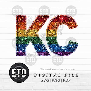 May include: A digital file displaying the letters "KC" in a rainbow sequin design. The letters are filled with a gradient of colours, from red to purple, and outlined with a darker colour. The file includes SVG, PNG, and PDF formats.