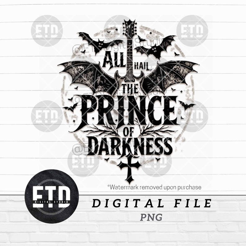 Puede incluir: Dise&ntilde;o digital en blanco y negro con una guitarra con alas de murci&eacute;lago, murci&eacute;lagos y una cruz. El texto incluye "ALL HAIL THE PRINCE OF DARKNESS" y "DIGITAL FILE PNG". El dise&ntilde;o tiene un tema g&oacute;tico.