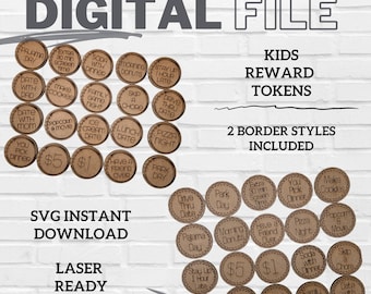 20 Kids Reward Tokens SVG, Laser File, Wood Scrap SVG, Chore Coins, Adventure Jar Digital File, Reusable Activity Tokens