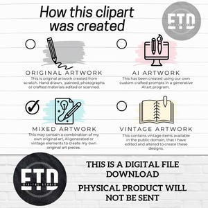 Puede incluir: Gr&aacute;fico que muestra el proceso de creaci&oacute;n de un clipart digital. La imagen incluye el texto "C&oacute;mo se cre&oacute; este clipart" y detalles sobre obras de arte originales, de IA, mixtas y vintage. El texto inferior dice: "Esta es una descarga de archivo digital. No se enviar&aacute; ning&uacute;n producto f&iacute;sico."