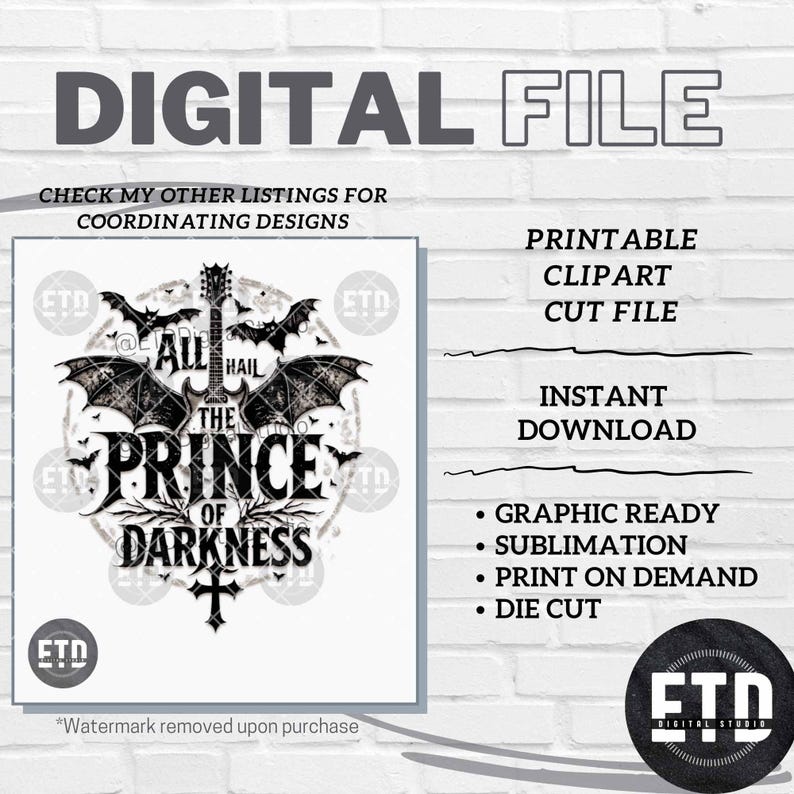 Puede incluir: Archivo digital con un gr&aacute;fico en blanco y negro. El dise&ntilde;o incluye el texto "ALL HAIL THE PRINCE OF DARKNESS", murci&eacute;lagos, una guitarra y una cruz. Clipart imprimible, archivo de corte y descarga instant&aacute;nea.