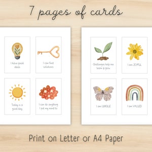 May include: Printable affirmation cards with watercolour illustrations. The cards feature positive messages like "I have great ideas" and "I am unique".