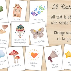 May include: Set of 28 printable affirmation cards featuring watercolour illustrations of a tree, house, stars, heart, hot air balloon, butterfly, cloud, mushrooms, sun, megaphone, and stars. The text on the cards is editable with Adobe Reader. The text includes phrases like "I am brave", "I am safe", "I am creative", "I am unique", "I am capable of amazing things", "I am helpful", "I speak kind words", "My voice matters", and "I am a good friend".