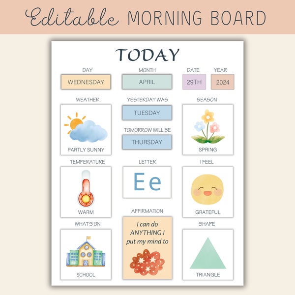 MORNING BOARD | Daily Calendar | Morning Menu | Today Weather Affirmations Verse Feelings Letter Shape Today Homeschool Classroom