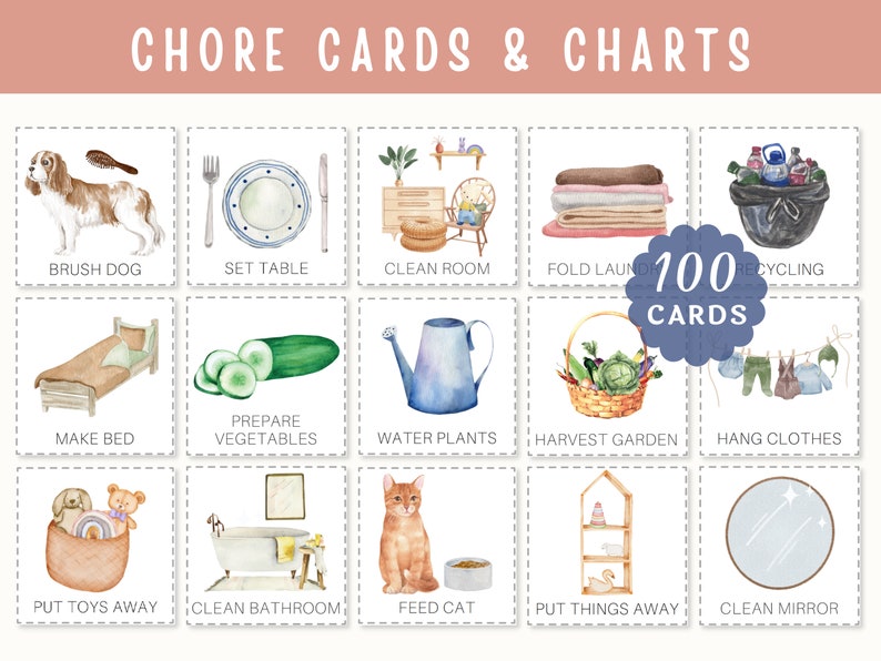 Visual chore cards charts for kids responsibility schedule etsy