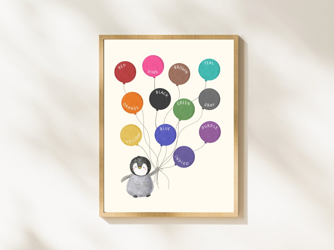 Penguin Color Chart Print: Watercolor Balloons, Kids Learning Art ...