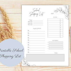 Printable School Clothing and Supply Shopping List | Back To School Shopping Checklist | School Clothes Shopping Planner | School Organizer