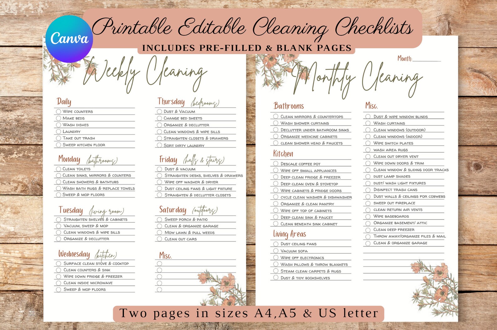 EDITABLE Printable Cleaning Checklist Editable Downloadable Cleaning ...