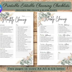 EDITABLE Printable Cleaning Checklist | Editable Downloadable Cleaning Schedule | Digital Download Planner | A4, A5, US Letter | Canva