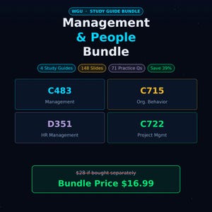 Pode incluir: Um pacote de guias de estudo WGU intitulado Management & People Bundle, com quatro cursos: C483 Management, C715 Org. Behavior, D351 HR Management e C722 Project Mgmt. Inclui 4 guias, 148 slides, 71 questões e um preço de pacote de $16,99.