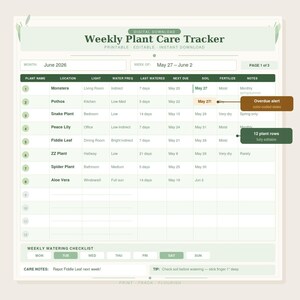 May include: A printable weekly plant care tracker with a light green and white design. The tracker includes sections for plant name, location, light, watering frequency, and notes. The text "Weekly Plant Care Tracker" is at the top. The tracker is for June 2026.
