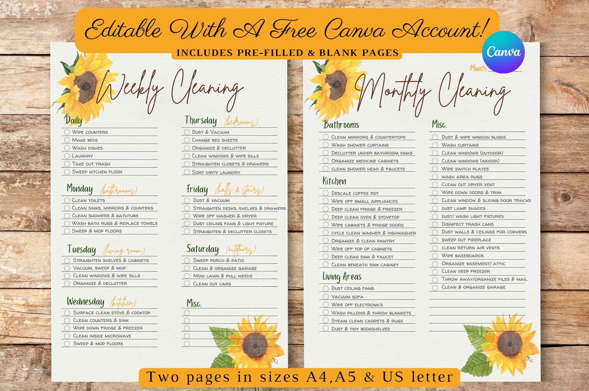 EDITABLE Printable Weekly Cleaning Checklist | Canva Editable ...