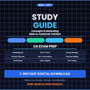 Puede incluir: Guía de estudio digital con el título "STUDY GUIDE" en texto blanco y azul. La guía cubre conceptos de marketing, ventas y contacto con el cliente. Incluye temas como Marketing Mix, SWOT & BCG y Pricing Strategy. Presenta el texto "INSTANT DIGITAL DOWNLOAD".