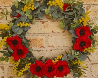 Anzac  7 Red Poppy and Wattle memorial Wreath 50cm with Lest We Forget Ribbon