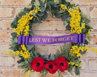 Anzac Wattle and Poppy memorial Wreath 50cm with Lest We Forget Ribbon