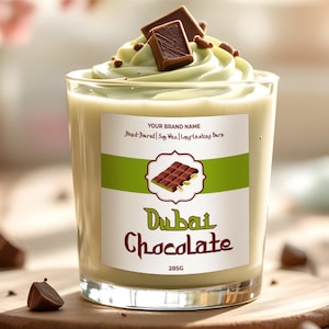 Bewerkbare Dubai labelsjabloon chocolade geurkaars, afdrukbare sticker kaars pistache chocoladereep, Arabisch, instant download, V49