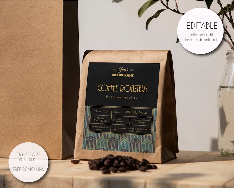 Editable Modern Coffee Bag Label Template, Customizable Coffee Bag