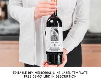 Editable In Loving Memory Photo Memorial Wine Label Template, Printable Luxury Funeral Wine Sticker, Grief Wine Label, Instant Download V1