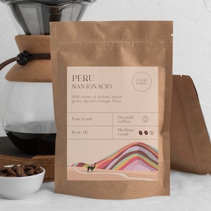 Plantilla de etiqueta moderna editable para bolsa de café, plantilla imprimible para bolsa de café de Perú, etiqueta personalizada para bolsa de café, descarga instantánea
