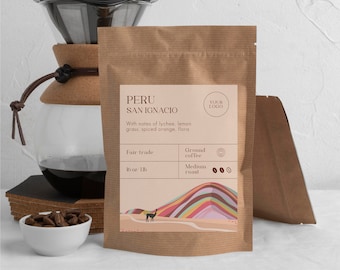 Editable Modern Coffee Bag Label Template, Printable Peru Coffee Bag Label Template, Custom Coffee Pouch Label, Instant Download