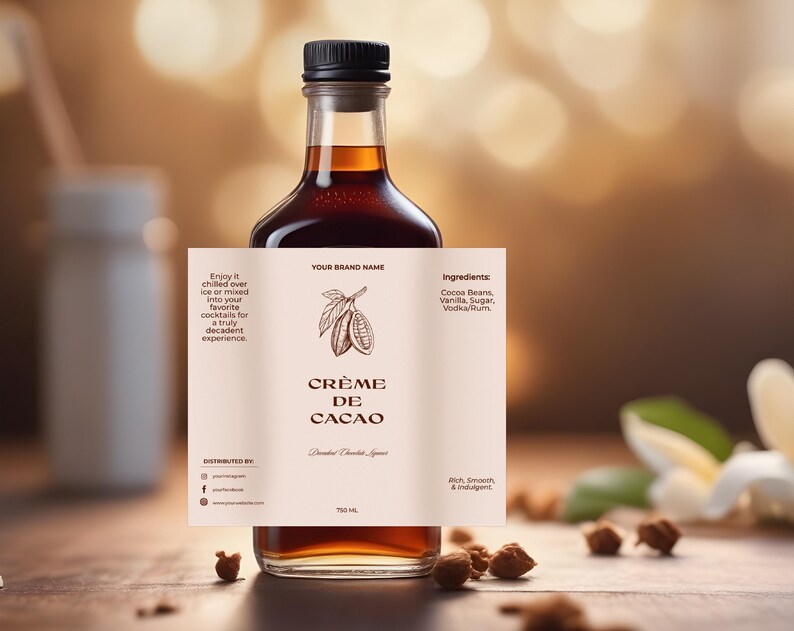 Editable Luxury Crème De Cacao Bottle Label Template, Printable Cacao