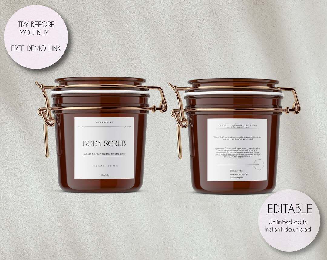 Editable Body Sugar Scrub Label Template, Minimalist Body Sugar Scrub Label, Minimalist Bath