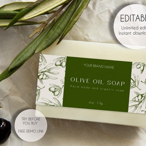 Modello di etichetta modificabile per sapone all'olio d'oliva moderno, modello di etichetta per sapone all'olio d'oliva di lusso, modello di etichetta stampabile per prodotti da bagno, download immediato