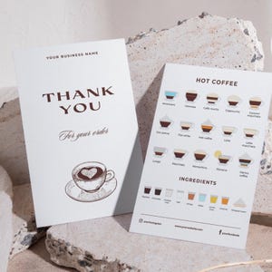 Bewerkbare bedankkaartsjabloon voor koffiezaken, afdrukbare kaart met koffierecepten, aangepaste invoegkaart voor koffiebestelling, direct downloaden