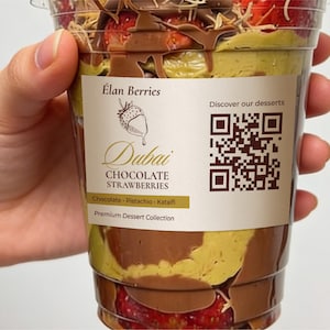 Étiquette modifiable de coupe de fraises au chocolat de Dubaï avec code QR : autocollant d'emballage imprimable (téléchargement numérique)