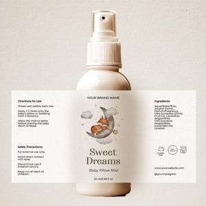 Bewerkbare labelsjabloon babykussen mist, afdrukbare luxe minimalistische kamer spuitfles sticker, aangepast slaapspray label, direct downloaden