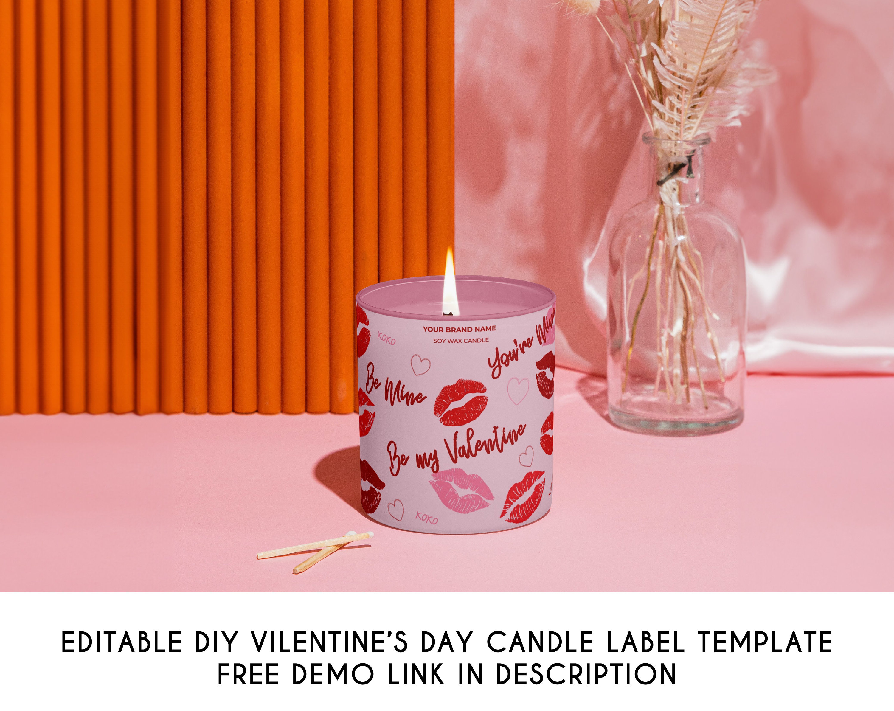 Editable Valentine's Day Candle Label Template, Lips Pattern Label