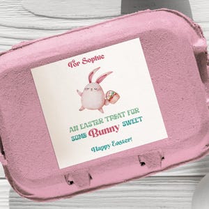 Bewerkbare labelsjabloon paaseieren, afdrukbare aangepaste paascadeausticker, gepersonaliseerd cadeaulabel paashaas, direct downloaden