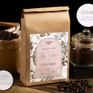 Plantilla de etiqueta de bolsa de café moderna editable, plantilla de etiqueta de bolsa de café minimalista personalizable, etiqueta de bolsa de café personalizada, descarga instantánea V9