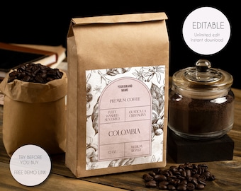 Editable Modern Coffee Bag Label Template, Customizable Minimalist Coffee Bag Label Template, Custom Coffee Pouch Label, Instant Download V9
