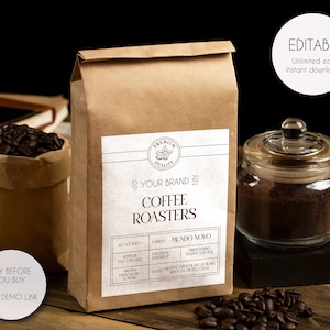 Modello di etichetta per bustine di caffè stampabile, modello di etichetta per bustine di caffè modificabile, etichetta per bustine di caffè, etichetta per imballaggio personalizzata, design senza tempo V2