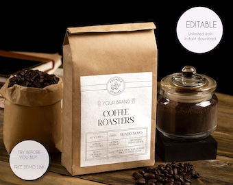 Printable Coffee Bag Label Template, Editable Coffee Bag Label Template, Coffee Pouch Label, Custom Packaging Label, Timeless design V2