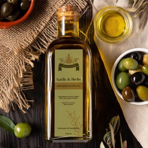 Modello modificabile per etichetta di bottiglia di olio d'oliva aromatizzato, adesivo stampabile per olio d'oliva, etichetta personalizzata per olio d'oliva fatta in casa, download immediato, V1