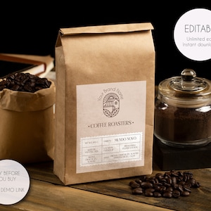 Plantilla de etiqueta moderna editable para bolsa de café, plantilla de etiqueta minimalista personalizable, etiqueta personalizada para bolsa de café, descarga instantánea