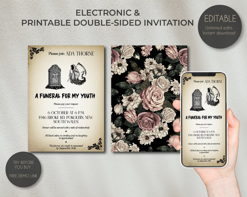 Editable Funeral for My Youth Birthday Party Invitation, Custom Funeral