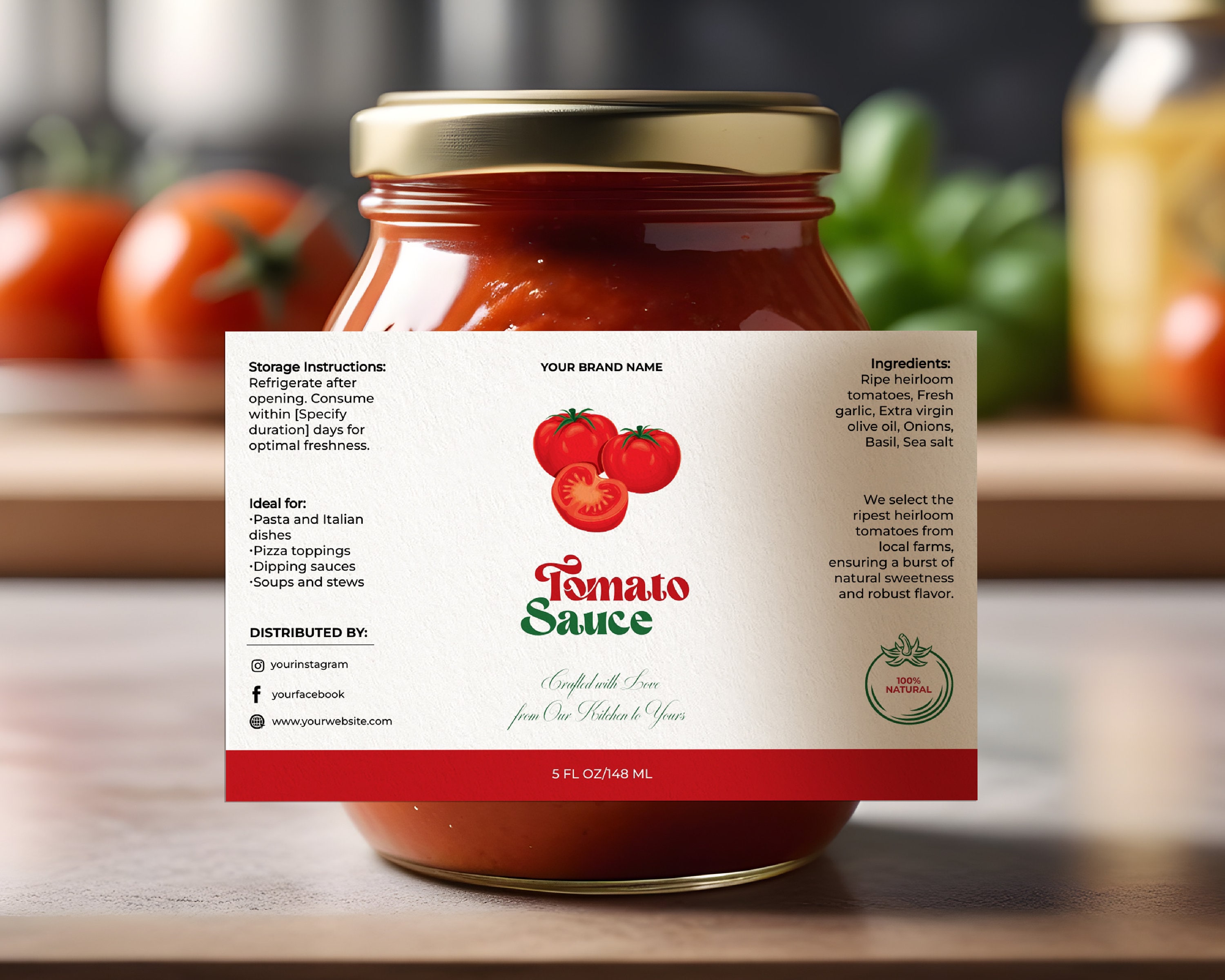 Editable Luxury Tomato Sauce Jar Label Template, Printable Modern