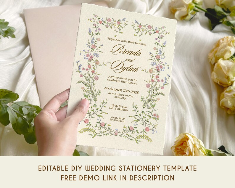 Editable Dainty Delicate Floral Wedding Invitation Template, Printable ...
