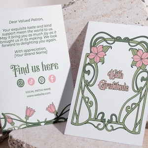 Bearbeitbare Jugendstil-Dankeskartenvorlage, druckbare Luxus-Vintage-Danke für Ihren Kauf, benutzerdefinierte Blumen-Business-Paketbeilage, V6