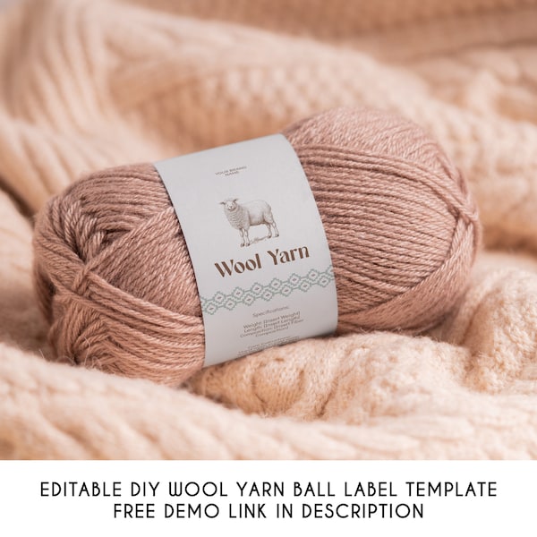 Editable Merino Wool Yarn Ball Label Template, Printable Luxury Hand Spun Yarn Label, Wrap Around Wool Label Template, Instant Download V2