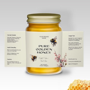Editable Minimalist Luxury Honey Jar Label Template, Printable Custom Elegant Food Sticker, Beekeeper Business Printables, Honey Packaging